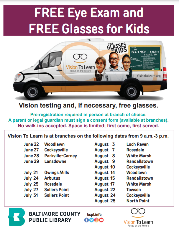 MsThompsonBCPS's tweet photo. Hi again @flesbcps families &amp; neighbors, in case you can't make it to @bcplinfo Woodlawn Branch next week for their incredible eye check and glasses program, here is the schedule for the entire summer! Back to Woodlawn on 8/14 and in Randallstown 8/9 and 8/15. Register early 😀👀 https://t.co/9lDOjFRyxL