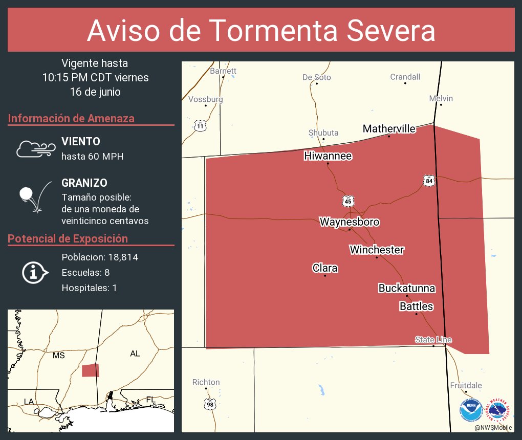 NWS Mobile on Twitter "Aviso de Tormenta Severa incluye Waynesboro MS