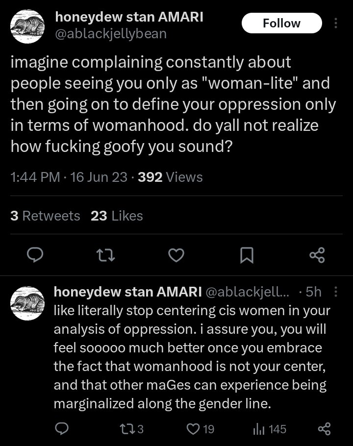 okay fuck this person for this subtweet and the like 3 others they did about me lmfao?? imagine thinking it is impossible for trans men to EVER talk about misogyny w/o somehow 'only defining our oppression in womanhood'. insane hill to die on