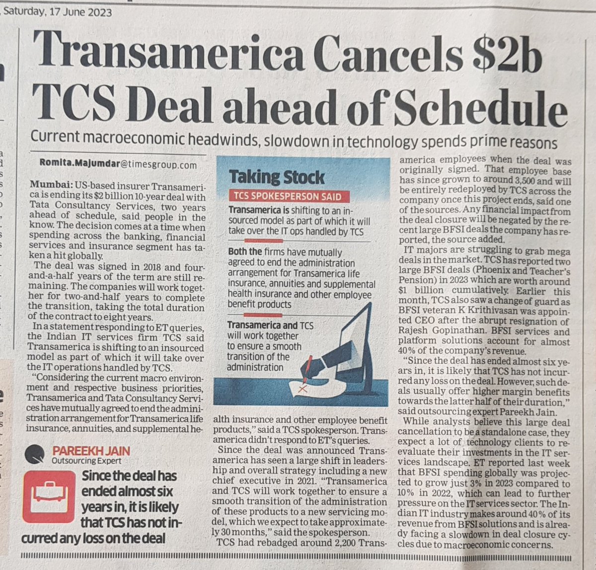 Transamerica cancels $2 Billion TCS Deal ahead of schedule. (My PoV included in Economic Times news today.)
Link: m.economictimes.com/tech/informati…

@Romita__ET
#EIIRTrend #ITServices #LargeDeals