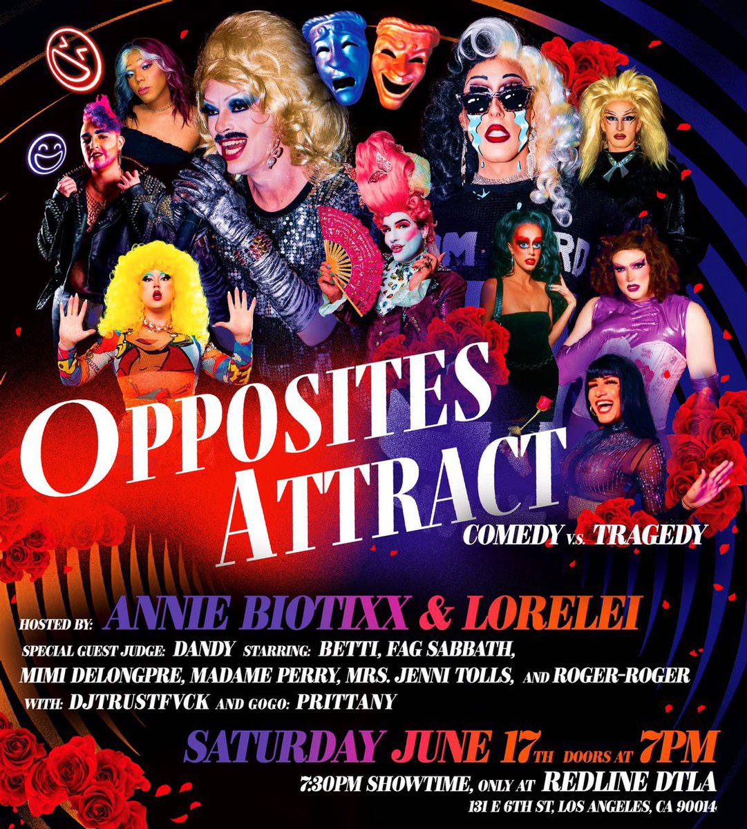 A battle as old as time… COMEDY vs TRAGEDY. Come to Opposites Attract at <a href="/RedlineDtla/">Redline Dtla</a> on Sat June 17th to see which theme will reign supreme!
