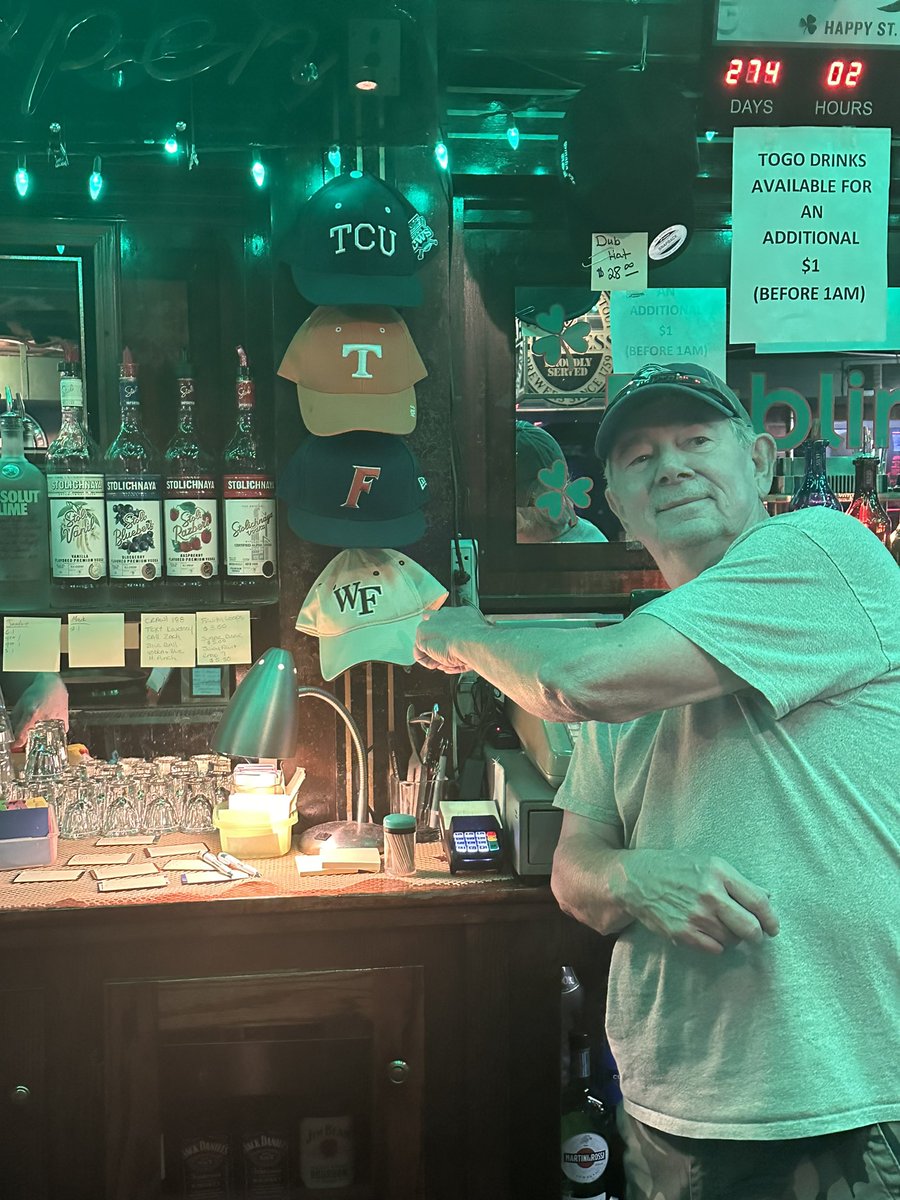wfdeacon's tweet photo. @John_Currie when you show up at an Irish pub in Omaha that doesn’t have a hat from the #1 seed @WakeBaseball … you donate one! https://t.co/akV9G9ZlQw