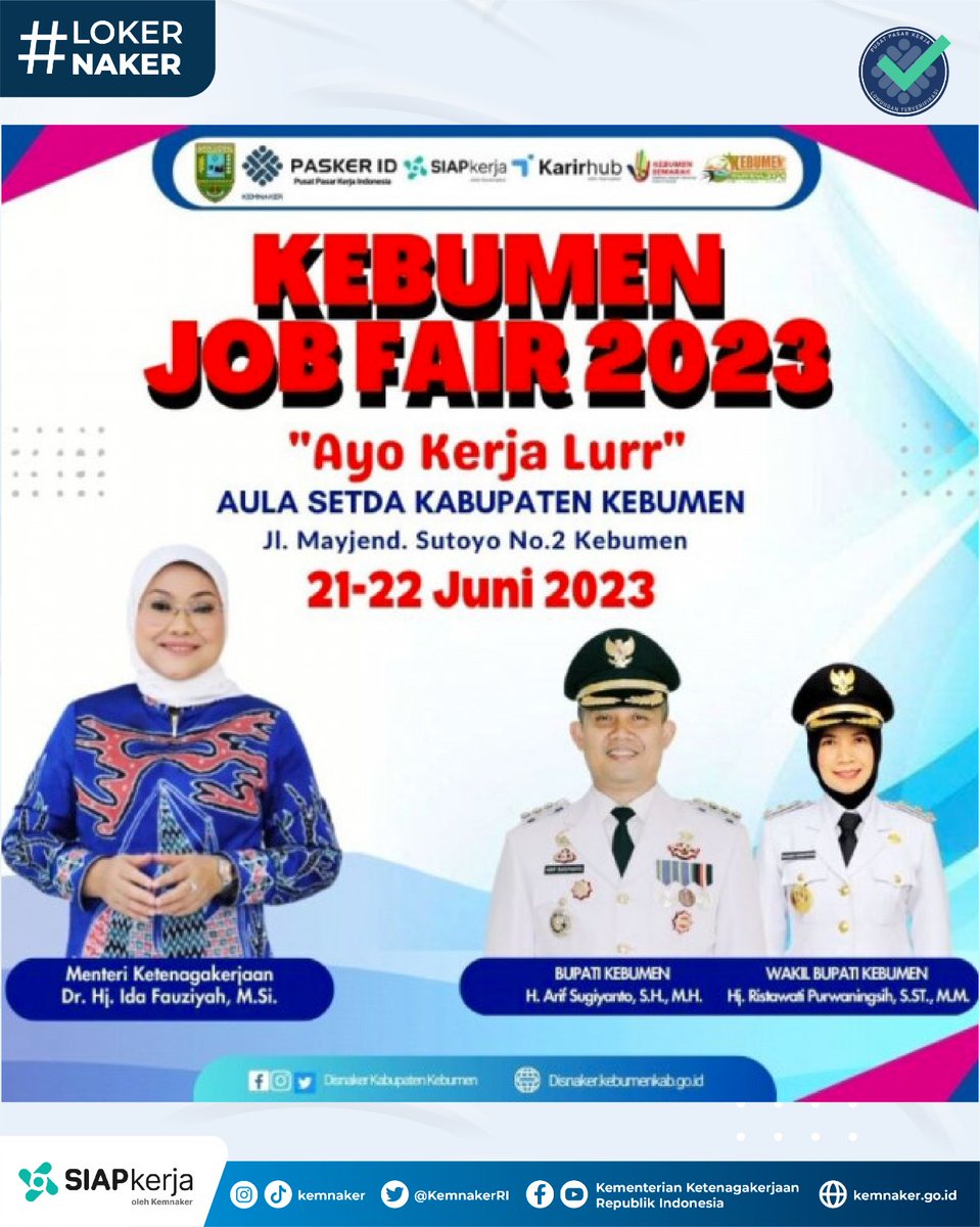 Info #JobFair2023 😊

Dinas Tenaga Kerja Kabupaten Kebumen sedang membuka #JobFair di Aula Setda Kab. Kebumen pada 21-22 Juni 2023. Jangan lupa registrasi dulu melalui jobfair.kemnaker.go.id dan siapkerja.kemnaker.go.id