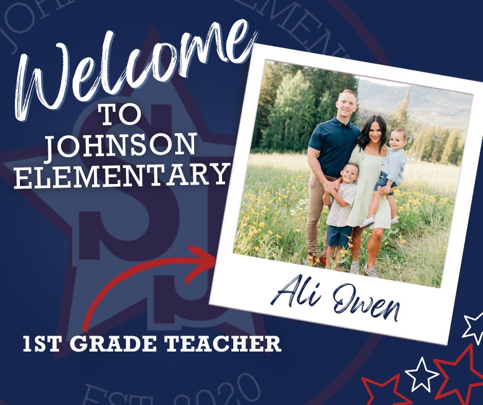 @PISDJohnsonElem Please join me in welcoming Ali Owen to Johnson Elementary! Ms. Owen will be joining our first grade team. She loves to throw parties, celebrate friends and enjoys working out on her Peloton. @ProsperISD #ProsperProud 
♥️🤍💙🎉😍