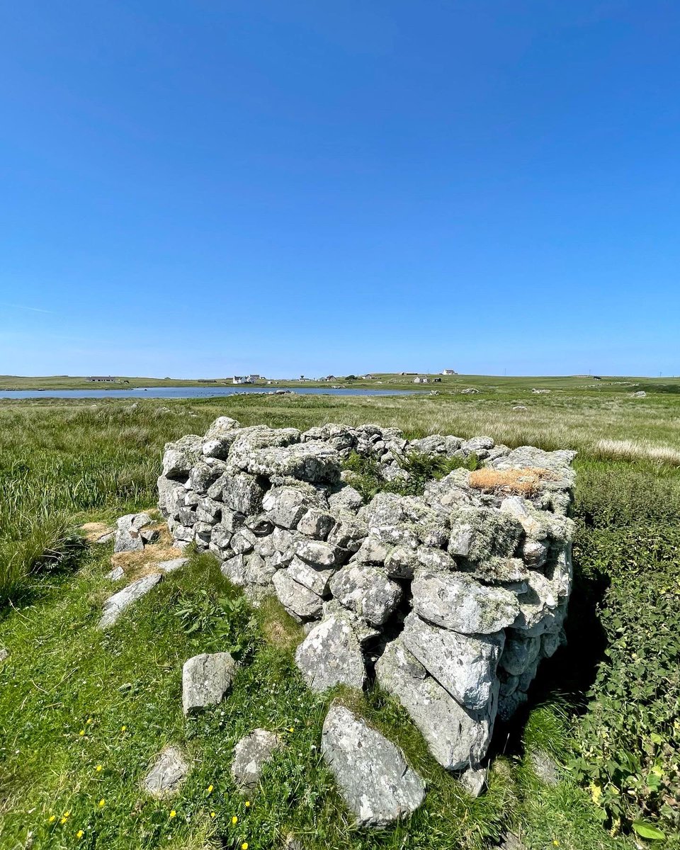 Dùn Buidhe in the sun. The low loch level is making this stonking causeway look even more monumental #Broch #Benbecula
