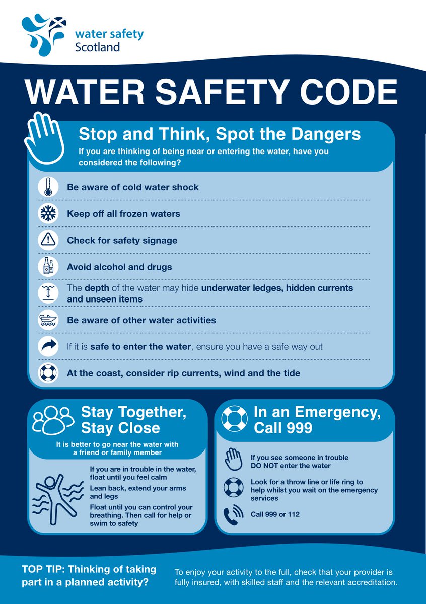 ⚠️ While it can be tempting to take a dip in a river, loch or reservoir during warm weather, please be aware of hidden dangers.

Make sure to take precautions if you choose to go swimming and follow the Water Safety Code from <a href="/WaterSafetyScot/">WaterSafetyScotland</a> 

➡️ watersafetyscotland.org.uk/advice-hub/wat…