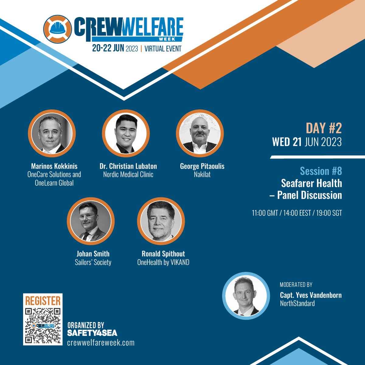 safety4sea's tweet photo. #CrewWelfareWeek 2023 on Session #8 moderated by Capt. Vandenborn, @NSMarineIns, the speakers are:
Mr Kokkinis, OneCare Solutions, OneLearn Global
Dr Lubaton, Nordic Medical Clinic
Mr Pitaoulis, @NakilatQatar
Mr Smith, @SailorsSociety
Mr Spithout, OneHealth, @VIKANDSolutions https://t.co/XHPk50iv8o