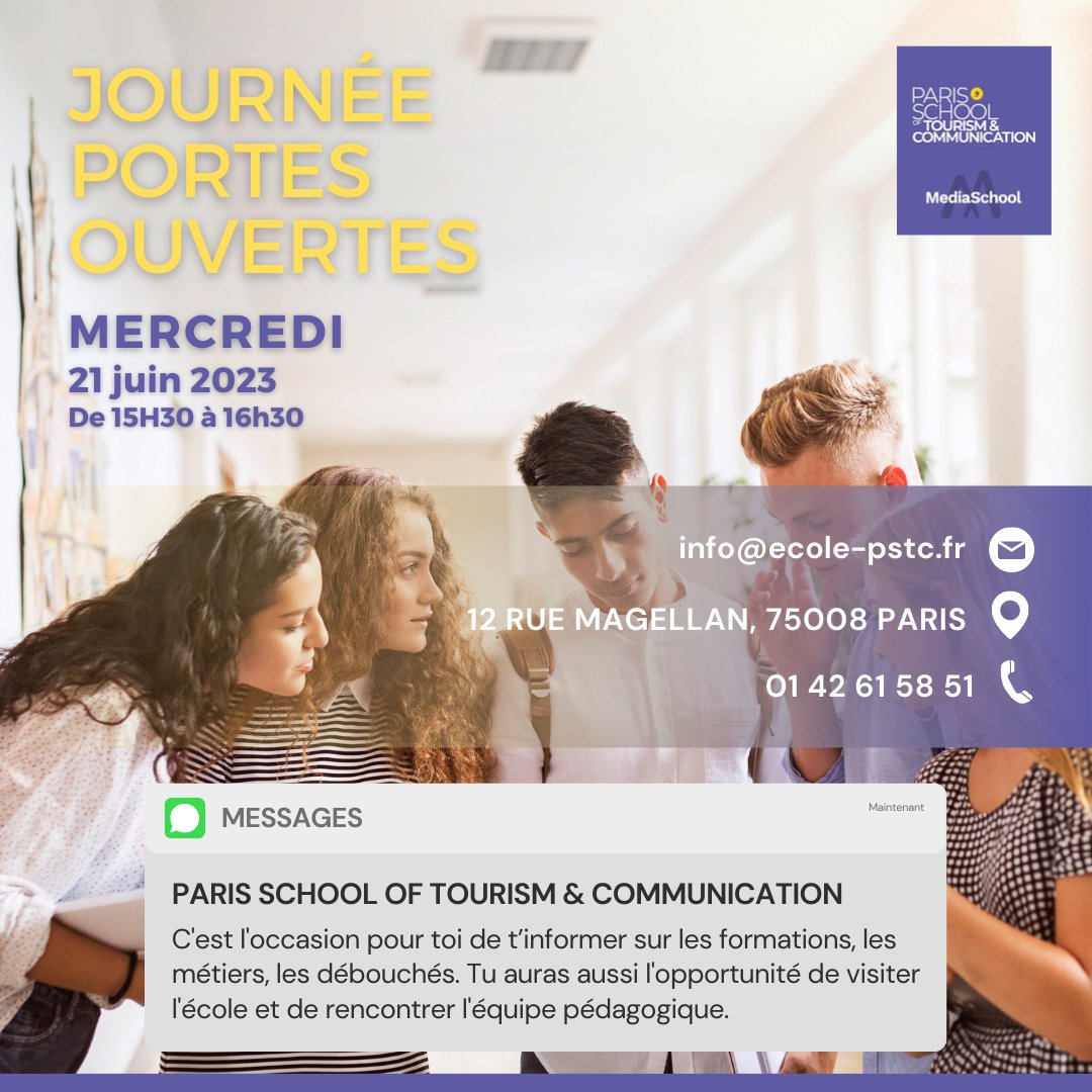 📌 Viens nous rejoindre lors de nos portes ouvertes qui auront lieu le mercredi 21 juin 2023, de 15h30 à 16h30. C'est l'occasion idéale pour découvrir nos différentes formations et affiner ton projet pour une rentrée en septembre 2023. 🏛️🤗
