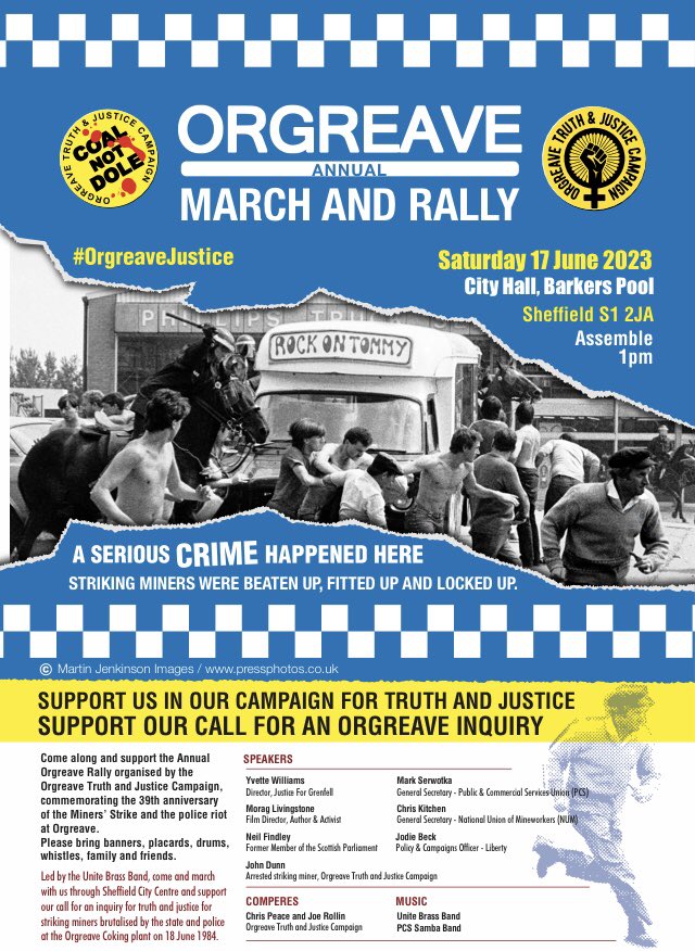 orgreavejustice's tweet photo. TODAY!ORGREAVE MARCH &amp; RALLY Join us &amp; an impressive lineup of speakers Sat 17 June 2023  for our #OrgreaveInquiry #OrgreaveJustice #OrgreaveRally23 1pm #Sheffield Commemorating 39th anniversary of #MinersStrike #PoliceRiot at #Orgreave https://t.co/dXiO30Kk2m