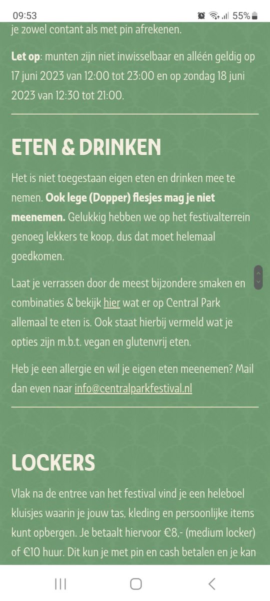 Morgen ga ik in de verzengende hitte naar #CentralPark in Utrecht. Aangezien ik veel water drink, liefst, dacht ik: ik neem mijn grootste Dopper fles mee. Wat zegt de organisatie?! Nou, die zegt: sterf met je hitteplan. Ik heb maanden geleden tickets gekocht 47.50 euro per stuk