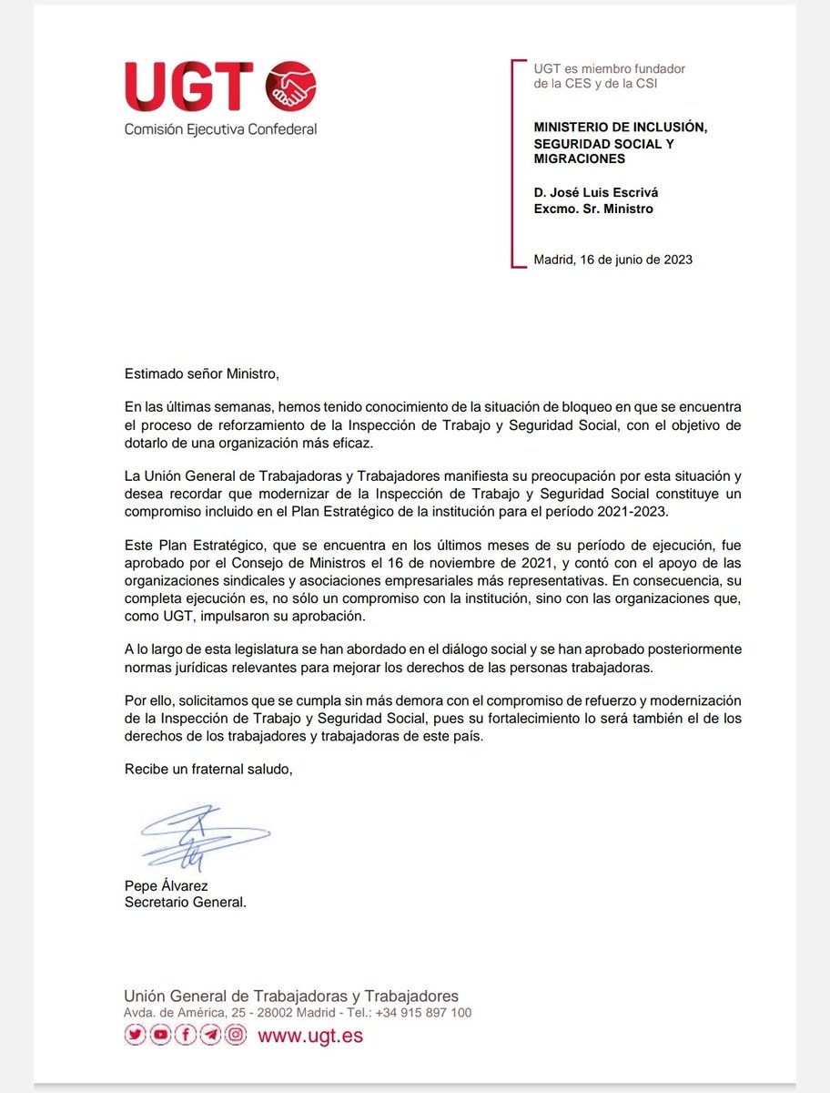 Ayer <a href="/SG_UGT/">Pepe Álvarez</a> remitió carta <a href="/Yolanda_Diaz_/">Yolanda Díaz</a> <a href="/mjmonteroc/">María Jesús Montero</a>  y <a href="/joseluisescriva/">José Luis Escrivá</a> solicitando el reforzamiento de la ITSS en cumplimiento del Plan Estratégico. Queremos dar nuestro agradecimiento por mostrar su apoyo y solicitud al reforzamiento del organismo.