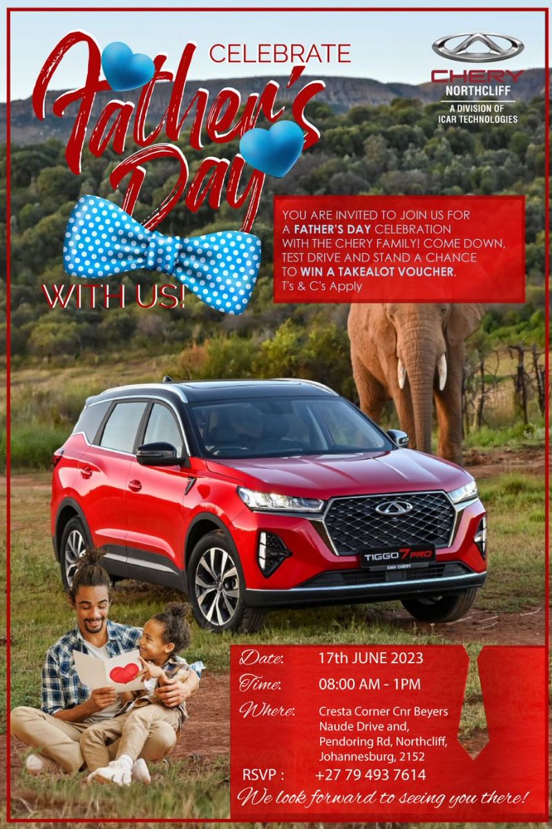 Come down and test drive your favourite Chery Tiggo and stand a chance to win a Takealot voucher. 
📍Cresta Corner, Corner Beyers Naude Drive & Pendoring Rd, Northcliff
📧: info@cherynorthcliff.co.za
#Chery #Northcliff  #Tiggo4Pro #Tiggo7Pro #Tiggo8Pro #FathersDay