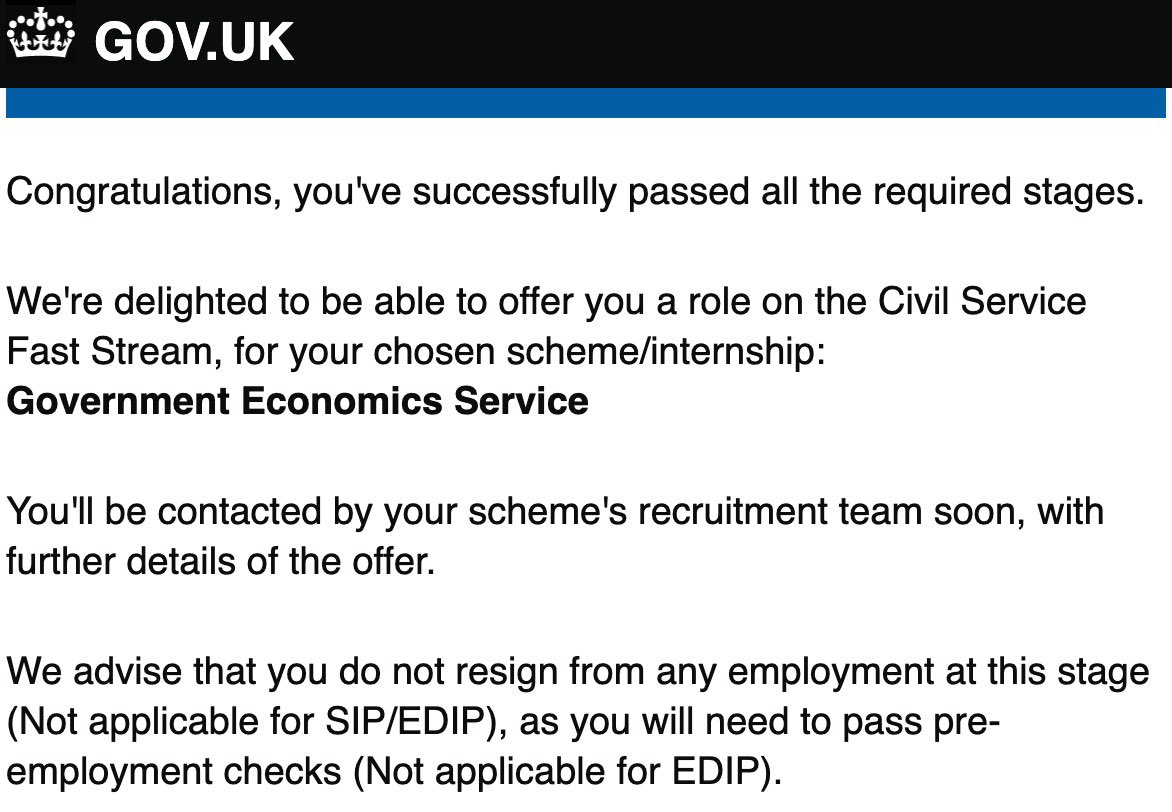 Exciting News 🎉

I'm thrilled to share that I have been accepted into the prestigious Civil Service Fast Stream programme.

I'm grateful for your support. Thank you for being part of my journey!

#civilservice #ukgovernment #faststream #economist