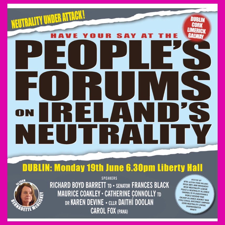 The FF/FG/Green govt want us to join NATO. That’s clear with the news Irl joined NATO exercises for 1st time. Yet the majority want to keep neutrality. We need a peoples movement to tell this govt #NoToNATO #neutrality 
All welcome 19th June, Liberty Hall, Dublin
