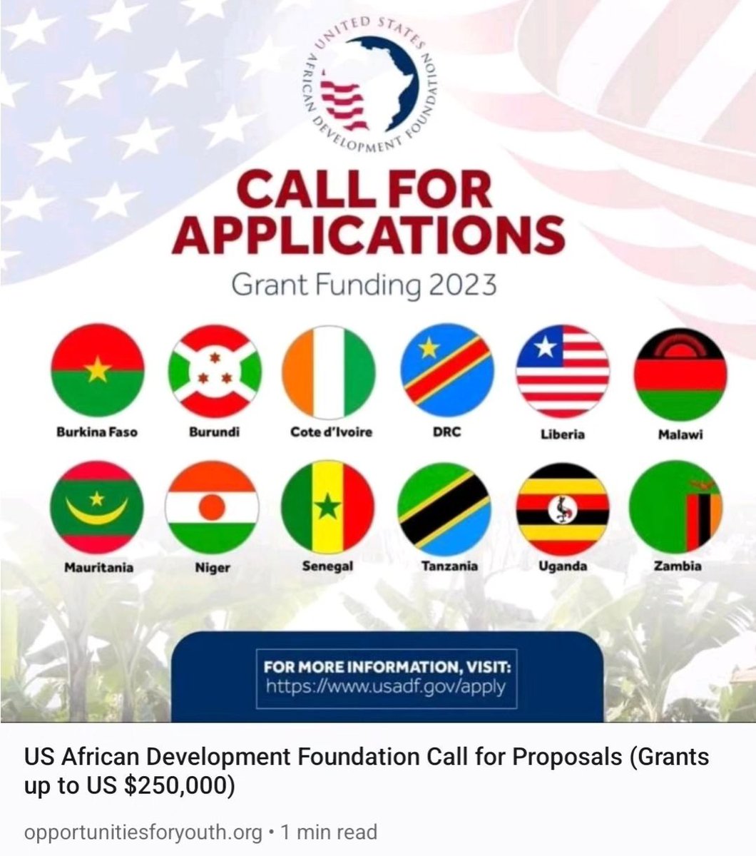 USADF is offering grant financing to agricultural cooperatives, producer groups, and enterprises in eligible African countries. 

Link bit.ly/3Wnni4F

 #CallForProposals #AgricultureGrants #Africa #SustainableGrowth #opportunity