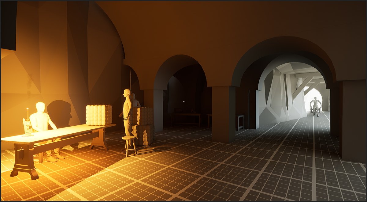 Friday night fun and study. Trying to convey a feeling of compact, solid space but without being opressive. I've noticed that my scale in the entire town is off. Placing humans in different jobs and attires helps a ton. #leveldesign #UnrealEngine #gameart