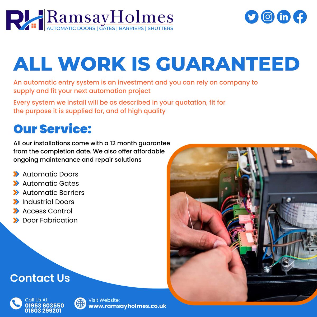 ramsayholmes's tweet photo. ALL WORK IS GUARANTEED
An automatic entry system is an investment and you can rely on the company to supply and fit your next automation project.
​
#GuaranteedWork #ReliableInvestment #AutomationExperts #SupplyAndFit #HighQualitySystems #AccurateQuotations #FitForPurposehnology https://t.co/kW7bne06fS