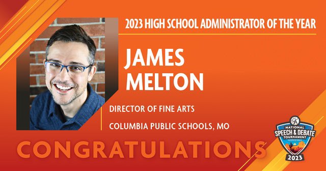Congratulations to James Melton of <a href="/CpSdb8/">CPS Speech & Debate</a> on being named the <a href="/speechanddebate/">National Speech & Debate Association</a> Administrator of the Year!! We are so grateful for his dedication to advocacy for and support of this activity we all love!  #Nats23