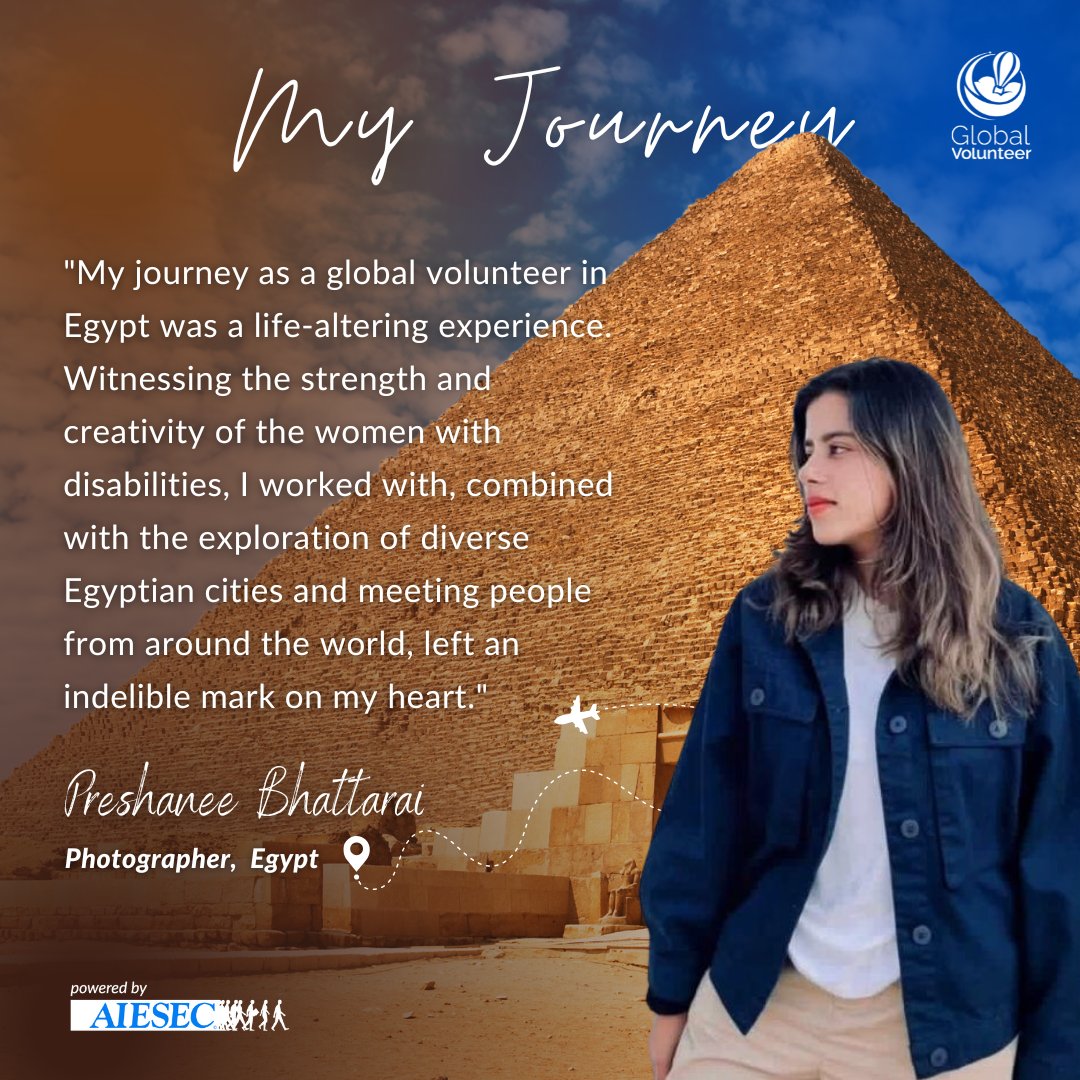 AIESEC_Nepal's tweet photo. Are you interested in travelling around the world?

Here's the story of Preshanee Bhattarai, a courageous youth leader who volunteered in Egypt 🇪🇬.

Next up is YOU! 

#volunteer #globalvolunteer #travel #egypt #AIESECinNepal #AIESEC https://t.co/M7ftgZjzy8