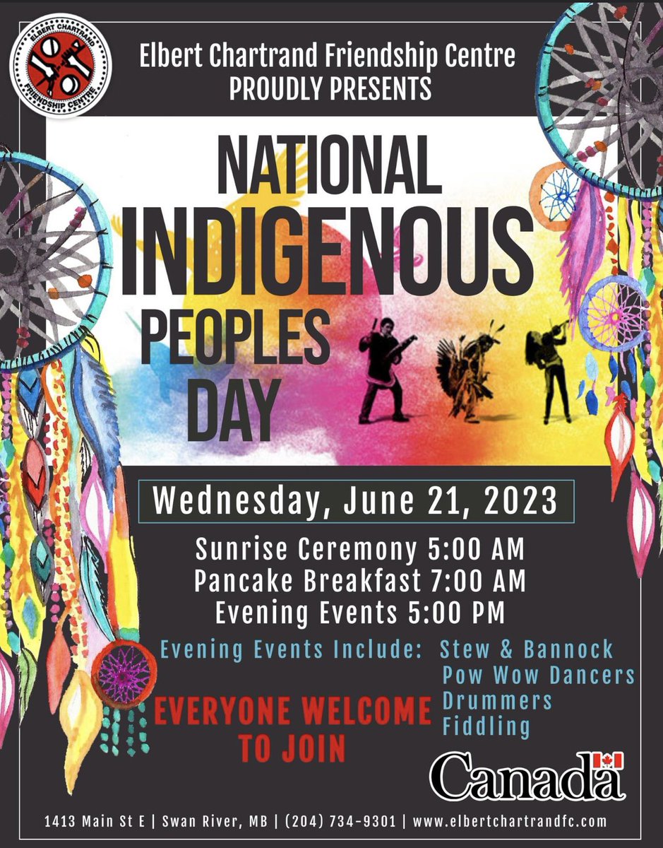 Elbert Chartrand Friendship Centre
WEDNESDAY, June 21, 2023
National Indigenous People’s Day
Sunrise Ceremony starts at 5 am with Free Pancake Breakfast to follow.
Traditional dancing and plenty of great music and food. Starts at 5 pm
Stew and Bannock 5$ 
Everyone is welcome https://t.co/Chsn8KX2FX
