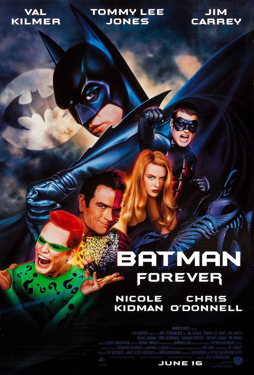 🎬MOVIE HISTORY: 28 years ago today June 16, 1995 the movie 'Batman Forever' opened in theaters!

#ValKilmer #TommyLeeJones #JimCarrey #NicoleKidman #ChrisODonnell #MichaelGough #PatHingle #DrewBarrymore #DebiMazar #ElizabethSanders #ReneAuberjonois #EdBegleyJr #Batman @Batman