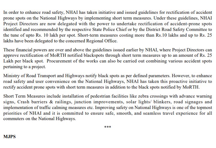 Praveen_rams's tweet photo. #NHAI takes initiative for Rectification of AccidentsSpots Through Short Term Measures

Project Directors can approve rectification of @MORTHIndia notified blackspots through short term measures up to an amount of Rs. 25 Lakh per black spot https://t.co/yaCSt4b7UP