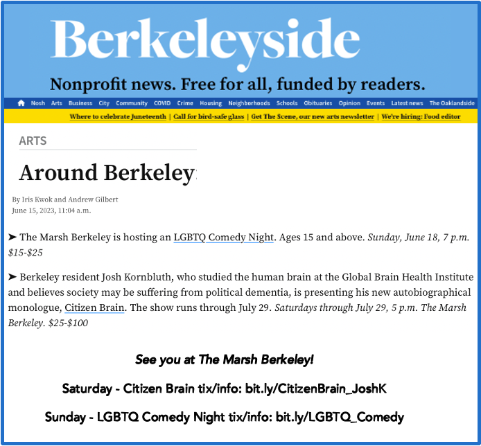 ILoveTheMarsh's tweet photo. Sat-Sun: @berkeleyside weekend picks! Celebrate @joshkornbluth's #CitizenBrain @ #TheMarshBerkeley SAT 5pm— enjoy a drink afterward @ #TheMarshCabaret!
SUN: celebrate Pride at #LGBTQComedyNight from #KarenRipley, @kennyyun @juliajacks1 +#Annie Larson! Tix: https://t.co/uNZGjjcSwa https://t.co/52QPuGUlSW