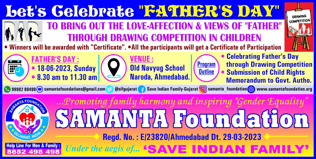 DaxeshVania's tweet photo. Father's Day is tomorrow!💙 
Join us as we celebrate our Fathers...
🎉Celebrate the #SuperHero in Your Life!🎉
Let's honor &amp; recognize the selfless sacrifices of fatherhood together. 
#HappyFathersDay
#FathersLove👨‍👩‍👧‍👦
@SIFKtka
@MenWelfare
@vaastavngo
@sifgujarat #SamantaFoundation https://t.co/yi1mFxBRcj