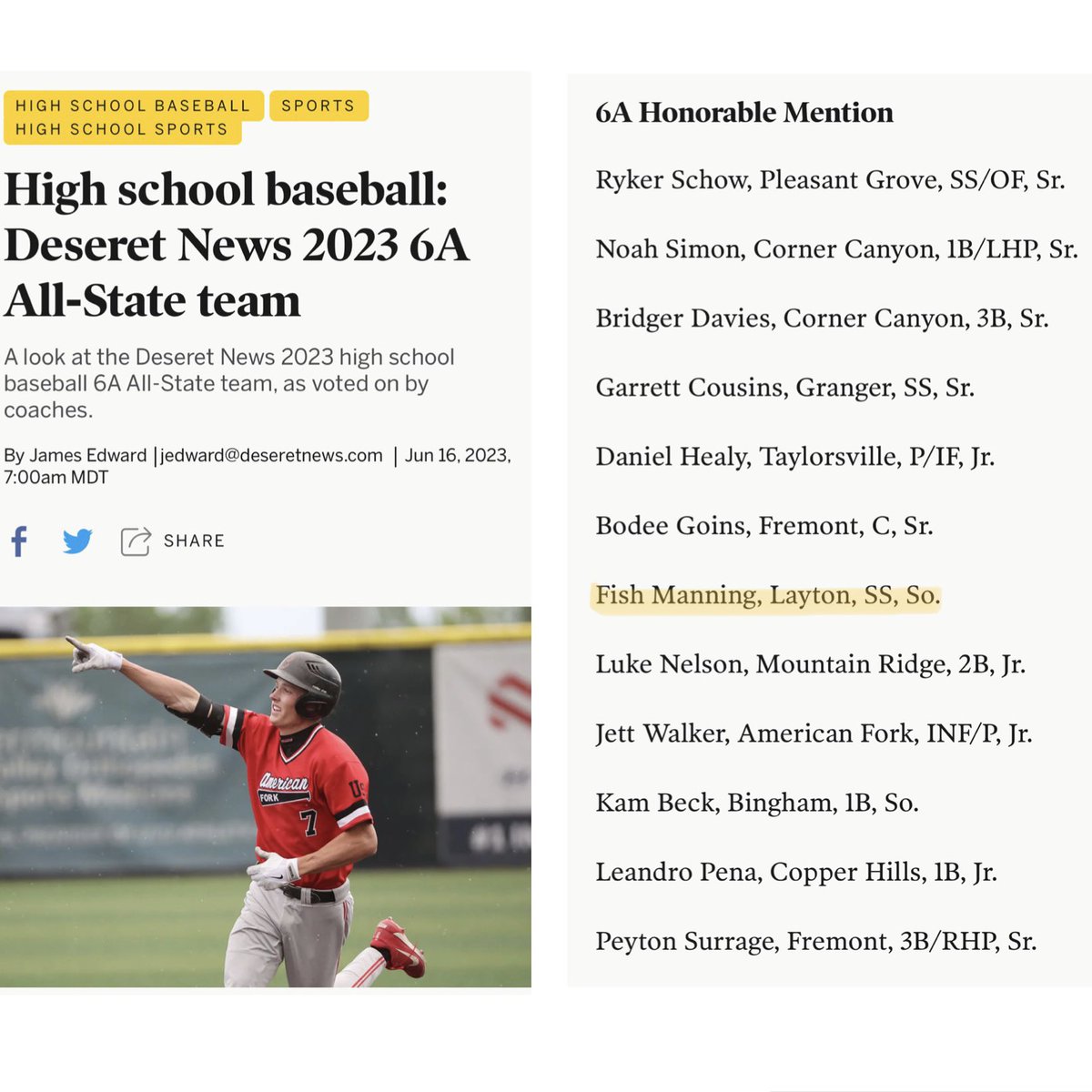 fishmanning2025's tweet photo. Humbled to be an honorable mention on the Deseret News Utah 6A All State Team for my sophomore year. 
@GBGUtahBaseball @GBG2025MOUNTAIN @PBR_Utah https://t.co/ZfCnnSqGFL
