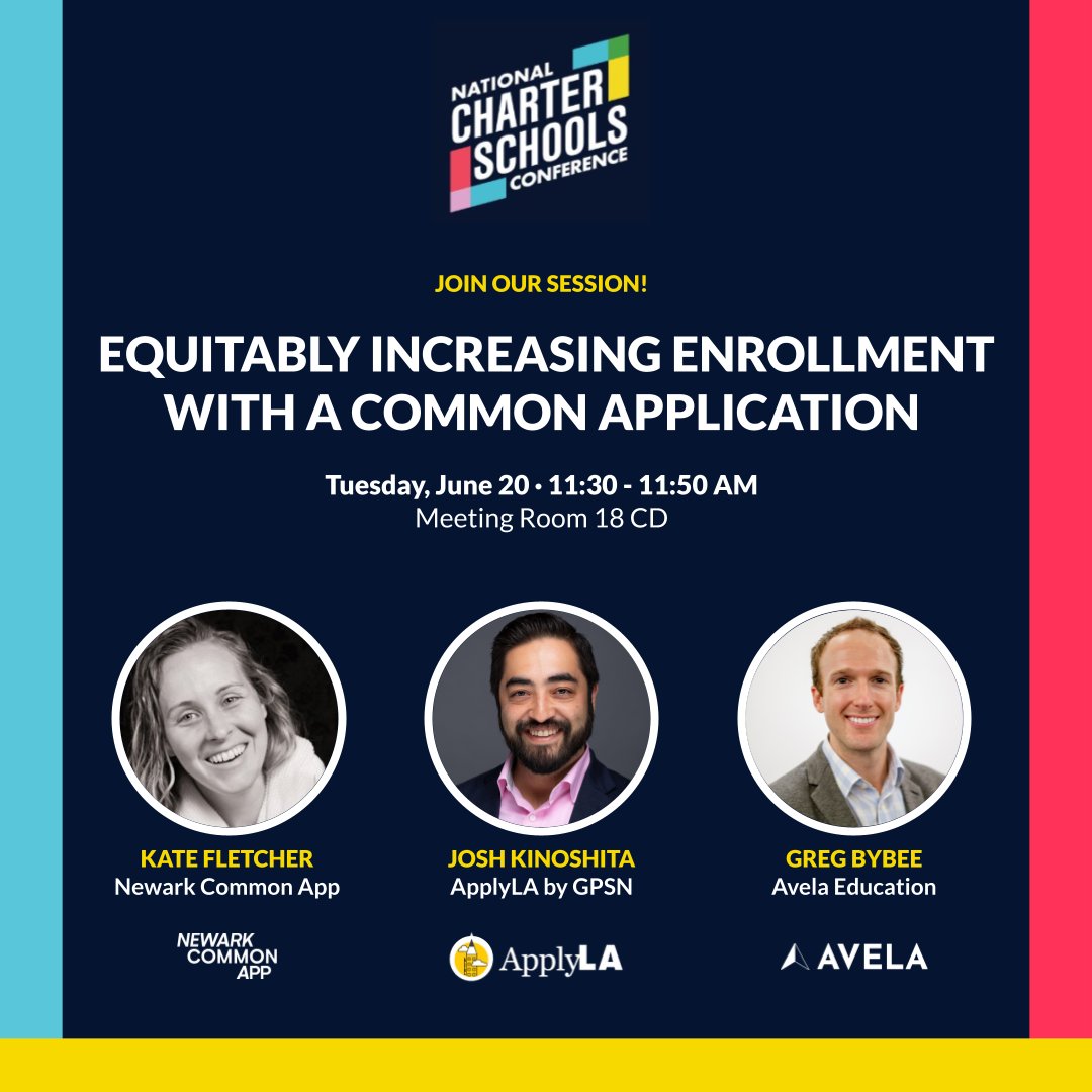 Join us at #NCSC23 by @charteralliance . Tues, June 20, 2023 @ 11:30 AM - Room 18CD We'll share lessons from @ApplyLA @njchildren1 & other communities who have built common applications for #charterschools. Feat Kate Fletcher @JoshKinoshita @gregbybee #ChartersWork #NCSC