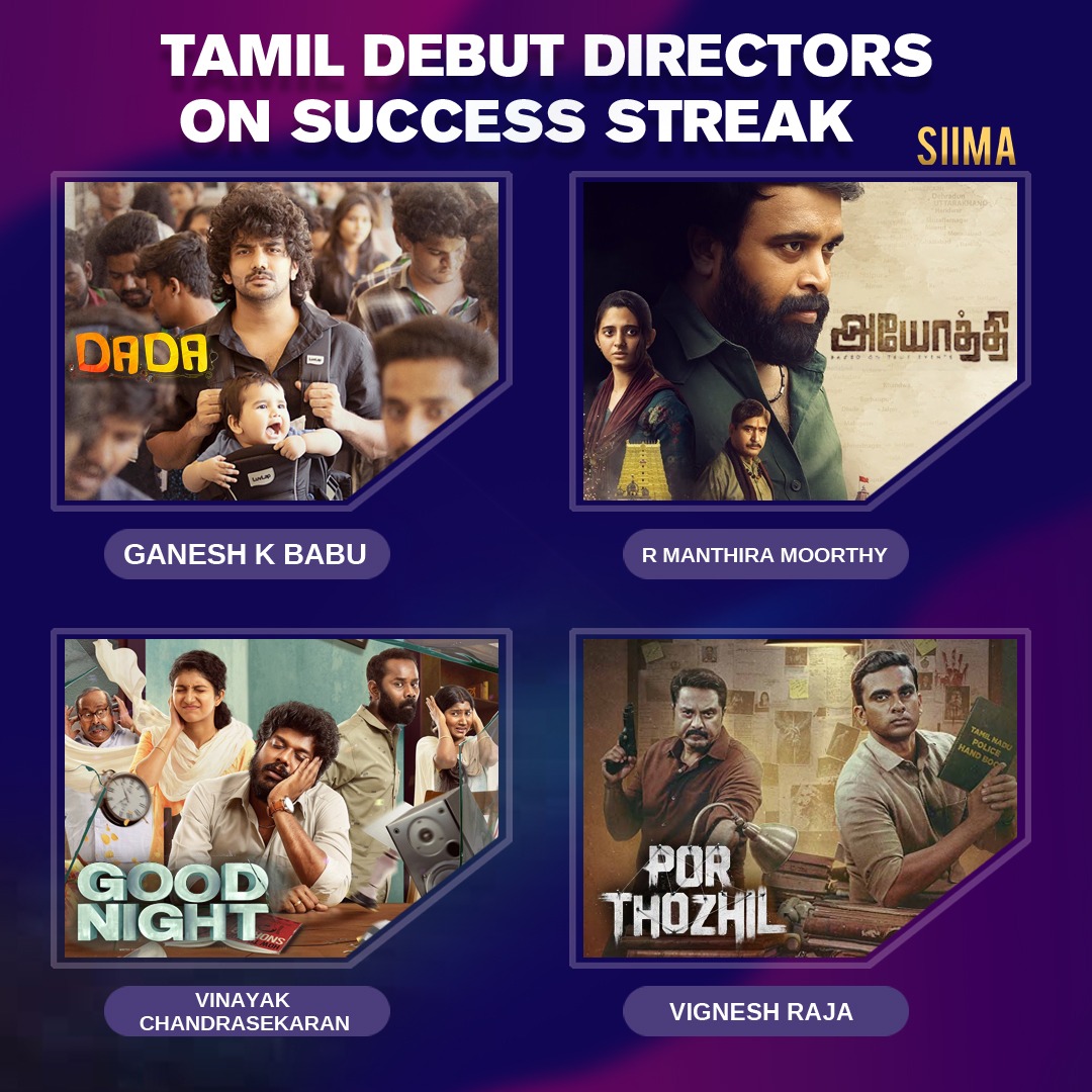 Debut Directors of Tamil Cinema on Success Streak.

Comment your favorite film.

#Dada - #GaneshKBabu
#Ayothi - #RManthiraMoorthy
#GoodNight - #VinayakChandrasekaran
#PorThozil - #VigneshRaja

#tamilcinema #tamilcinema2023 #siima