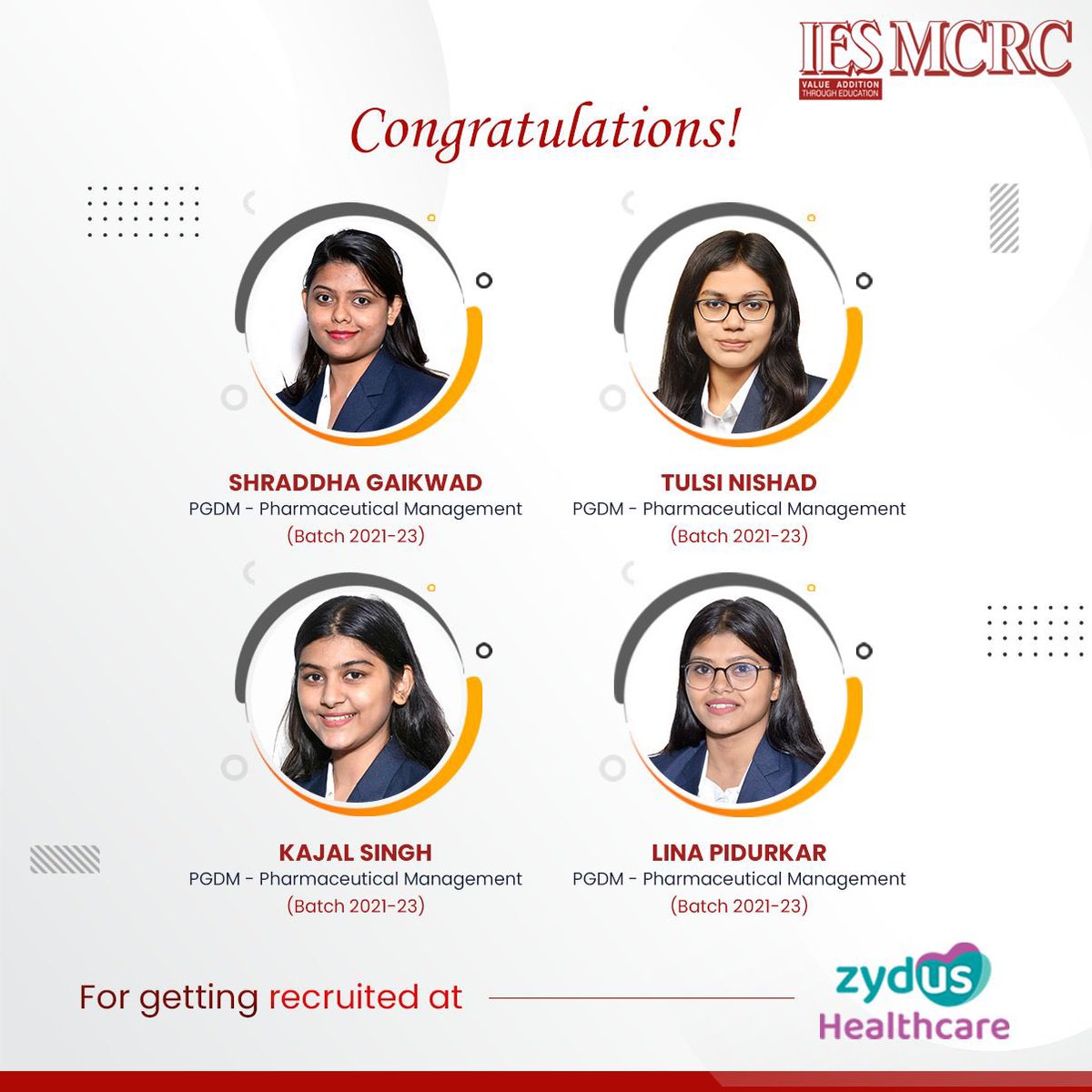 Hearty Congratulations!!!!
It gives us immense pleasure to witness the hard work paying off for the students.
 Best wishes to IES MCRC students for getting recruited at Zydus through IES MCRC.

#IESMCRC #Recruited #Congratulations #PlacementDrive #PGDM #Mumbai #Students