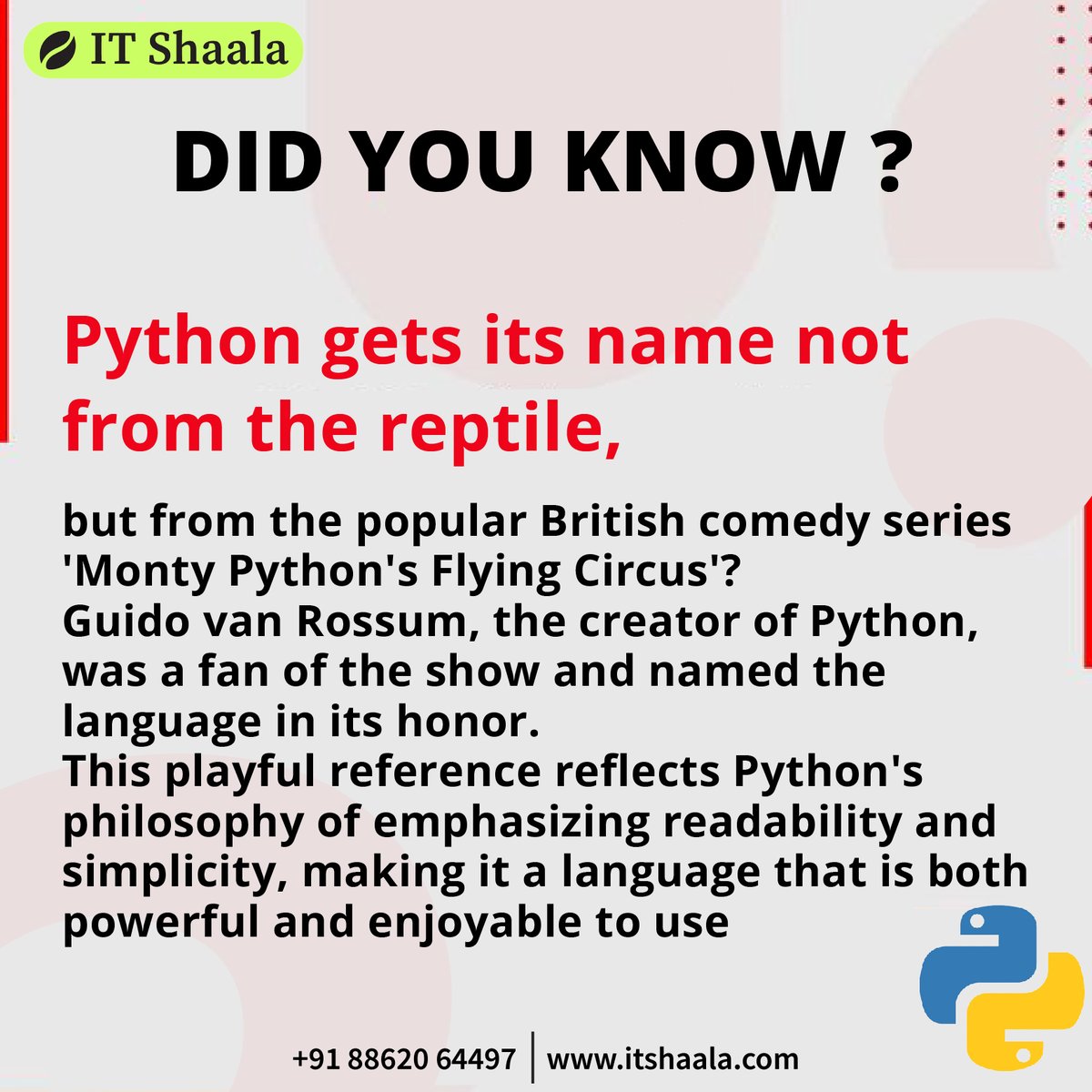 it_shaala's tweet photo. Python is a language that brings humor and power to programming!
Visit Us:
YouTube: https://t.co/df0jiWvur7
https://t.co/TUAdVPG05V
#java #javadeveloper #pythonprogramming #codinglife #programmerlife #python #java8 #Java9 #Java11 #javaworld #javaprogramminglanguage #pythoncoding https://t.co/sVgAyUG7QK