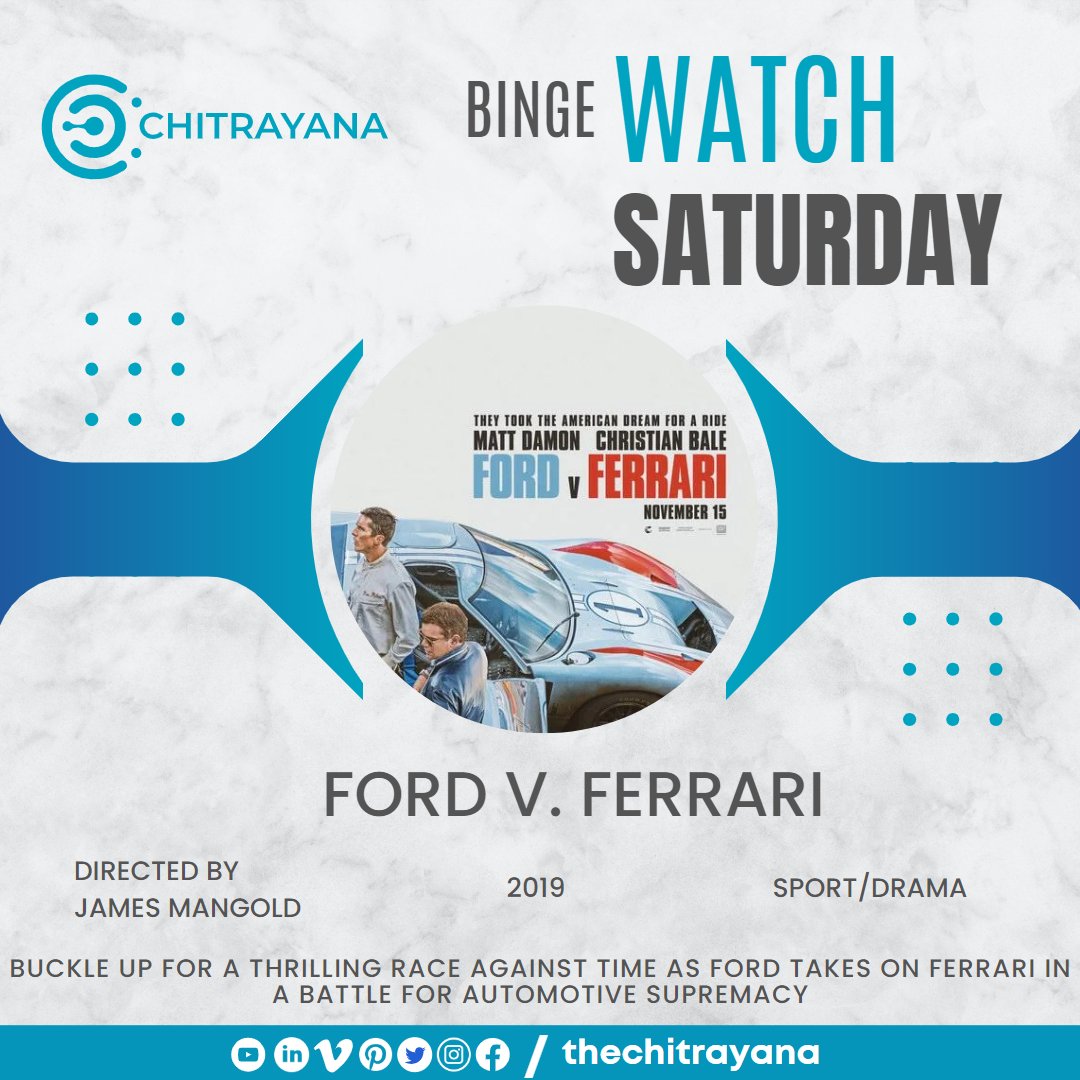 #BingeWatchSaturday
'It's not about speed. It's about endurance. It's about faith. It's about trust in one another' - Ken Miles

#thechitrayana #fordvferrari #mattdamon #christianbalel #jonbernthal #jamesmangold #weekendbinge #cinephile #hollywood #moviebuff #inspirational