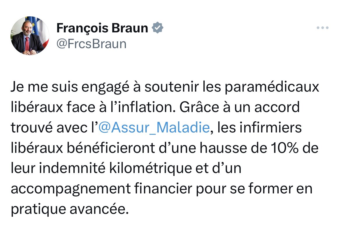 Et allez encore de la désinformation…. C’est 10% de l’indemnité forfaitaire de déplacement soit 25 cts de plus.2,50 nous passons à 2,75 pour un déplacement d’un point À à un point B et non pas au kilomètre. Des miettes ! @Elisabeth_Borne @olivierveran @EmmanuelMacron @FrcsBraun