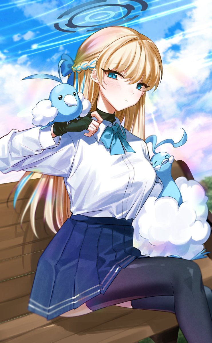 1girl skirt blonde hair thighhighs bow long hair fingerless gloves  illustration images