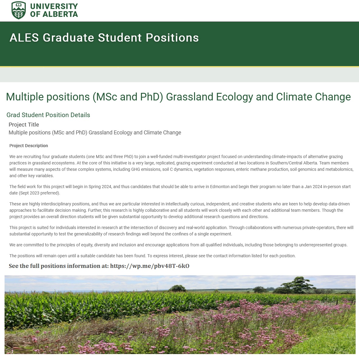 📌 Multiple Funded Positions (MSc and PhD) Grassland Ecology and Climate Change at University of Alberta in Canada 🇨🇦... Please Retweet and spread the word! For details visit: wp.me/pbv48T-6kO