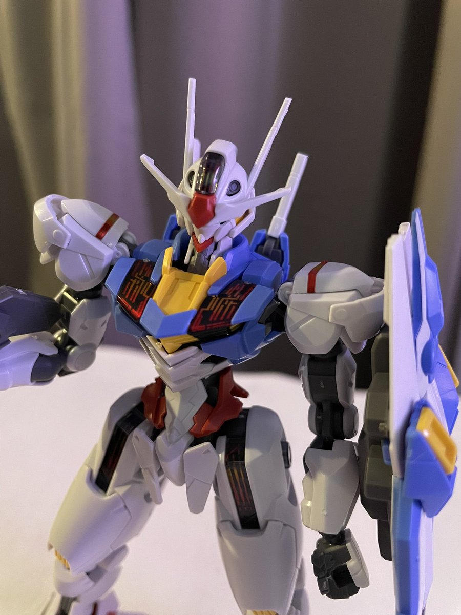 heliosgamma's tweet photo. Finished building the Gundam Aerial, by far my favorite High Grade. Many of the stickers went under a semi clear plastic to make the wire design pop. Bonus points for the shield completely disassembling into extra armor, and as a longer gun barrel. You can see it in the last pic. https://t.co/WWQvMQ54Aq
