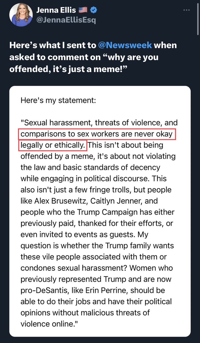 VickanFW's tweet photo. @Caitlyn_Jenner @JennaEllisEsq Jenna is a virtue-signaling hypocrite.
For example:
Jenna Ellis: “comparisons to sex workers are never ok legally or ethically”
Also Jenna Ellis: Calls women wearing gym outfits she doesn’t like “hookers”
+ gets ppl banned from #Twitter, then cheers about it. #DemTactics🤷♀️ https://t.co/WmnL4YmVpd
