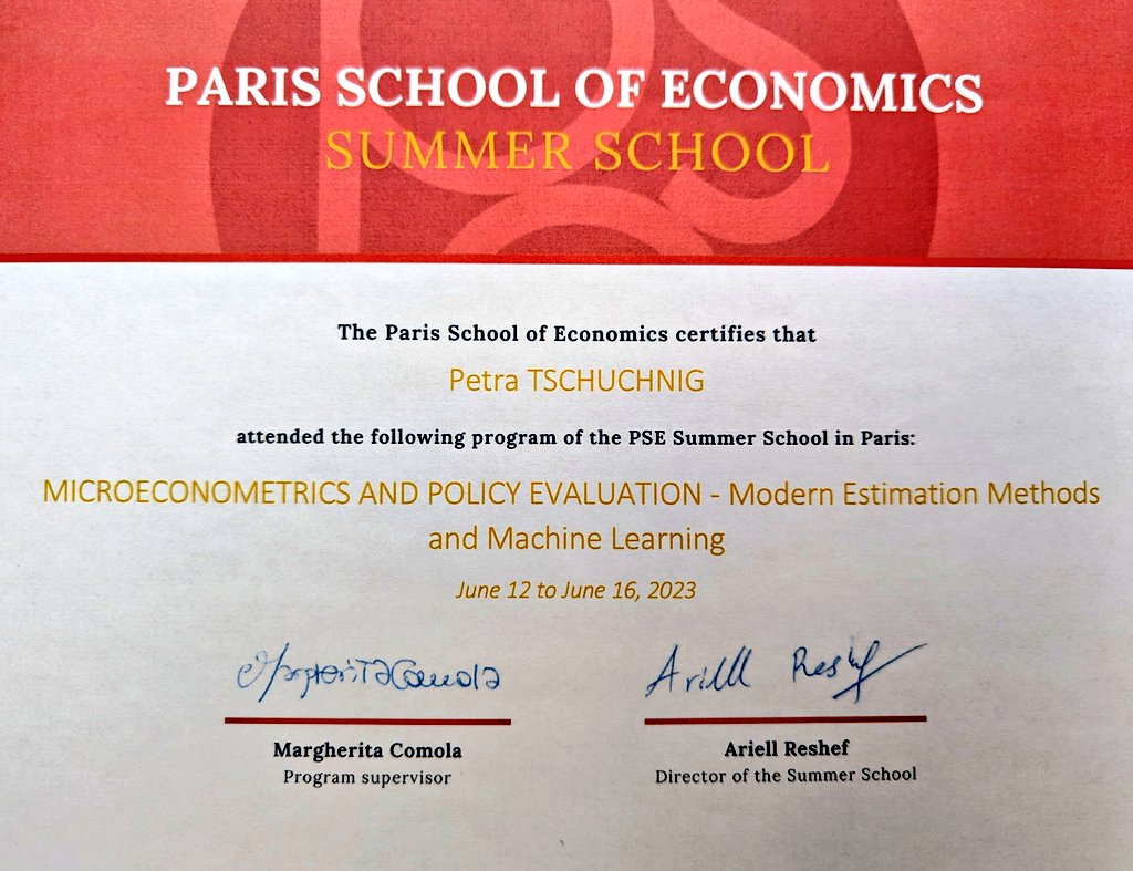 PetraTschuchnig's tweet photo. What a great experience at @PSEinfo Summer School in MICROECONOMETRICS AND POLICY EVALUATION - Modern Estimation Methods and Machine Learning! Grateful for the knowledge gained and the amazing people I met!
#PSESummerSchool #Paris https://t.co/ib37q9tkpa