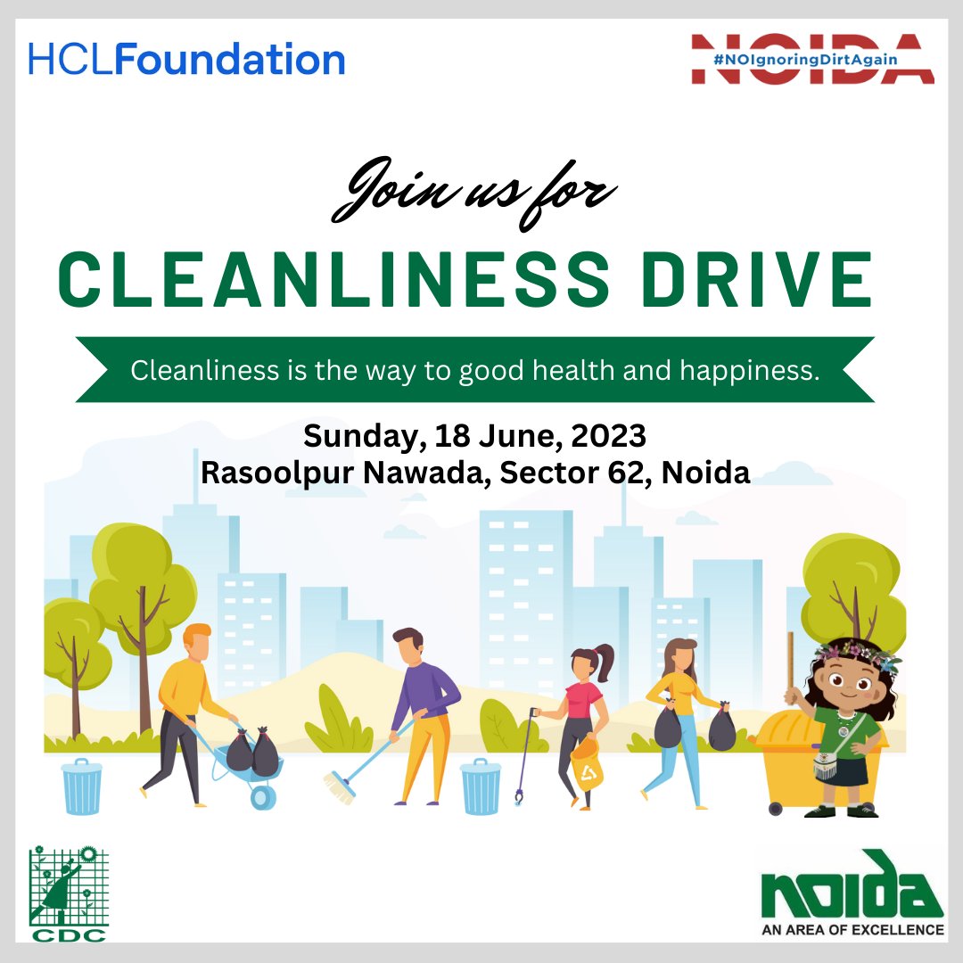 Join us in our clean Noida mission to create a cleaner and healthier environment! We invite you to be a part of our Cleanliness Drive and make a difference in our community.

<a href="/vivekjaipur/">Dr Vivek S Agrawal</a> <a href="/HCL_Foundation/">HCLFoundation</a> <a href="/Clean_Noida/">Green and Clean Noida</a> <a href="/WastEdTalks/">Siddhant Agrawal</a> <a href="/shivangisultan3/">CA Shivangi Sultania</a> <a href="/tauseef59595195/">Tauseef raza</a>