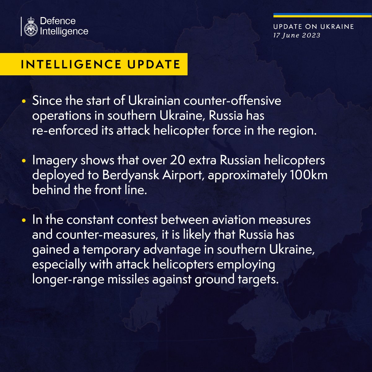 Latest Defence Intelligence update on the situation in Ukraine - 17 June 2023. Find out more about Defence Intelligence's use of language: ow.ly/TpGr50OQZ3Z 🇺🇦 #StandWithUkraine 🇺🇦