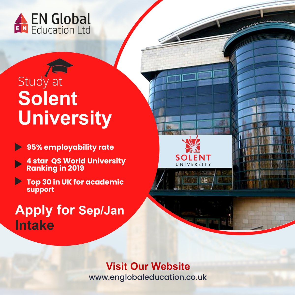 Solent University is taking applications for SEPTEMBER 2023!

#solentuniversity #studyinUK #education #studyabroad #bachelor #masters #psw #pswuk #students #learning #englobaleducationltd #englobal #privateuniversity #publicuniversities