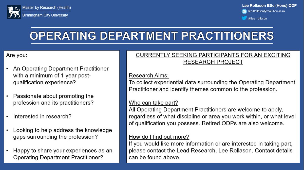 The time has come! I'm looking for #ODP of all kinds, whatever the position, specialty or level of education to help me explore what it's actually like to be an ODP and to start filling the knowledge gaps around our profession. More info below. (<a href="/CollegeODP/">College Of Operating Department Practitioners</a>)