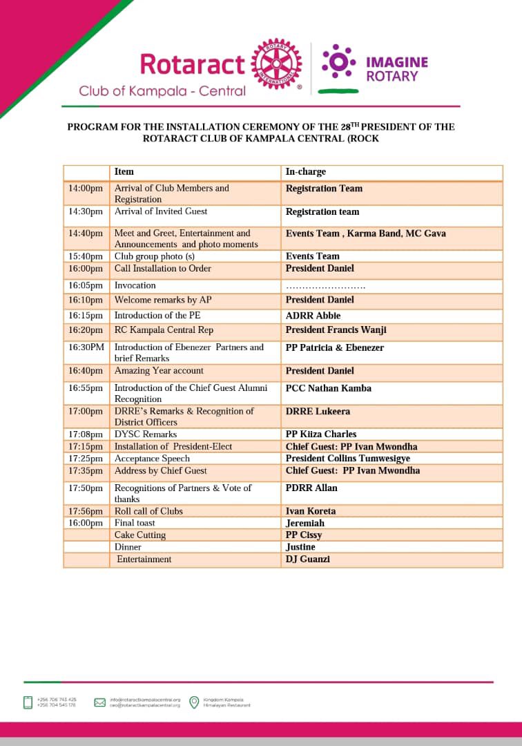 ROCK_Kampala's tweet photo. We understand your worries of “Arriving very early” and “being late”.That is why we are giving you a copy of today’s program for perfect planning.
Do not miss any one bit of the installation.
#CollineInstall #ROCK # https://t.co/9lQD2EJ6Gs