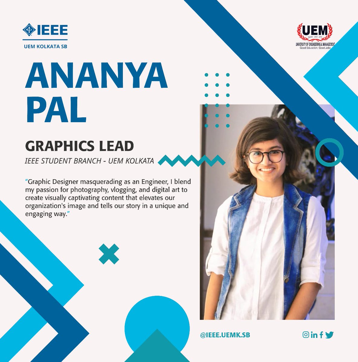 ieeesb_uemk's tweet photo. We are delighted to introduce Ananya Pal as the newly elected Graphics Lead of IEEE Student Branch UEM Kolkata for the session 2023-24! Join us as we embark on an incredible journey of creativity and visual excellence, pushing the boundaries of technology and innovation together! https://t.co/mhOlabQopF