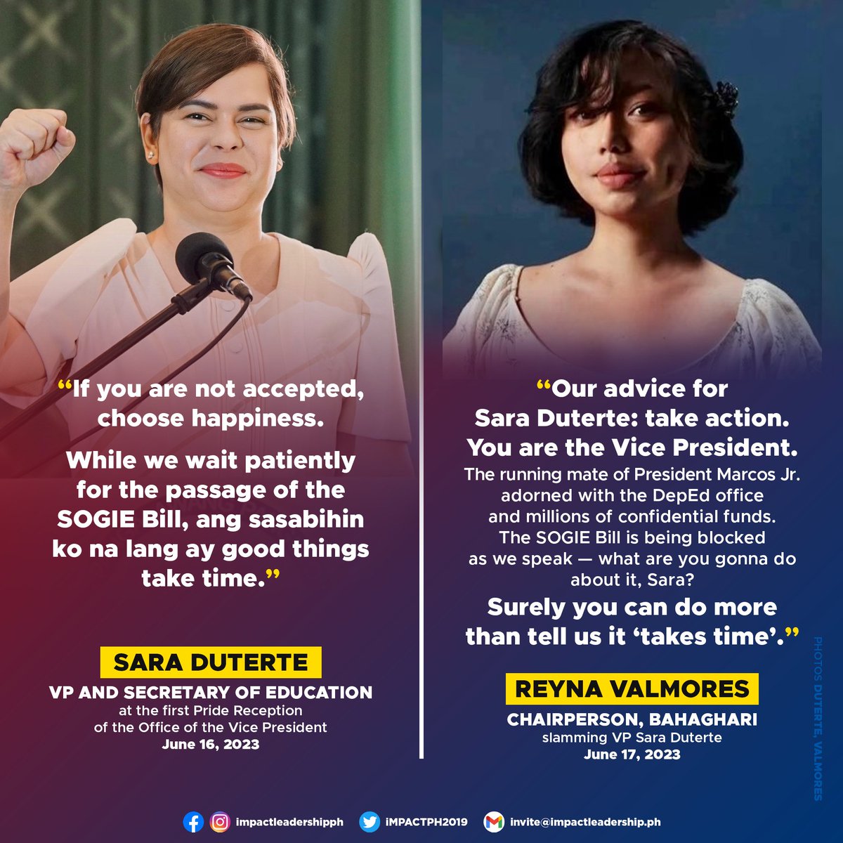 BAHAGHARI TO SARA: 'TAKE ACTION'

Bahaghari Chairperson Reyna Valmores slams Sara Duterte for her remarks at the first 'Pride Reception' of the OVP, where she said 'good things take time', referring to the passage of the #SOGIEEqualityBill.

m.facebook.com/story.php?stor…