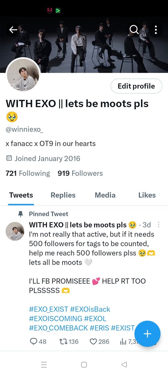 ‼️update‼️

Have a nice day eris! I'll followback every chance I get 🫶

#EXO_EXIST #EXOISCOMING #EXOisBack #EXO_COMEBACK #EXOL