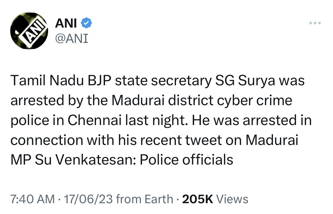 Tejasvi_Surya's tweet photo. Truly a Stalinist Govt in TN!

The @mkstalin Govt in Tamil Nadu is using all possible authoritarian tools to silence opposition &amp; media.

Arrest of BJP TN Secretary @SuryahSG is its latest attempt to muzzle free speech.

@BJYM condemns this violation of fundamental rights. https://t.co/m43M2ndXER